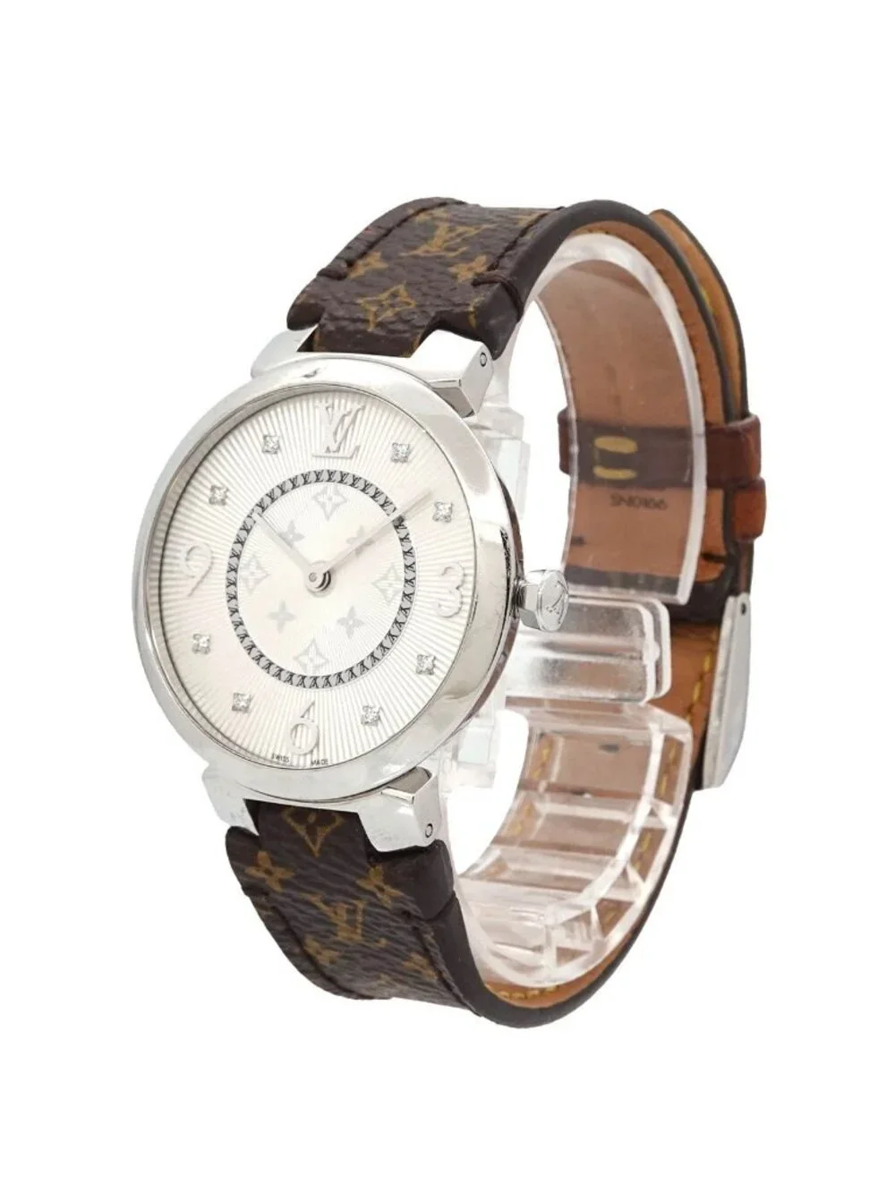 Louis Vuitton Tambour Monogram Watch Diamond Silver Quartz